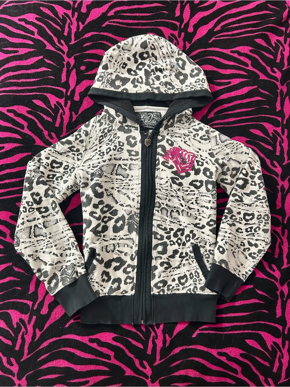 Y2k grunge goth rare vintage 2000s grail Metal Mulisha fur leopard print hoodie